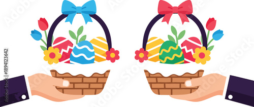 Konstfotografi Symmetrical Easter baskets with decorated eggs and bows flat vector illustration
