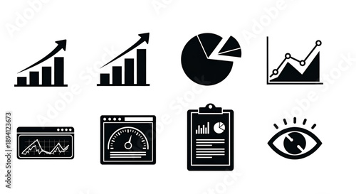 Collection of black silhouette icons representing data analysis, business growth, and reporting.