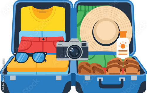 Summer travel packing flat lay with suitcase and camera flat vector