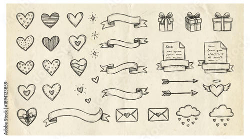 Collection of hand drawn hearts gift boxes banners and love symbols on beige background for valentine's day romance and affection designs