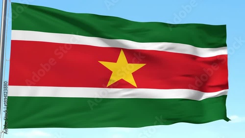 The national flag of Suriname waving in the wind. Realistic 3D animation of the Surinamese banner against a blue sky. National symbol of patriotism and independence
