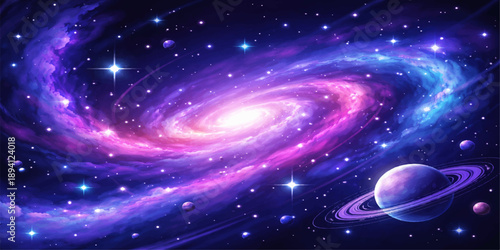 A glowing blue spiral galaxy shines brightly amidst a dark cosmos of stars and abstract nebula clouds within the vast night sky of the deep space universe