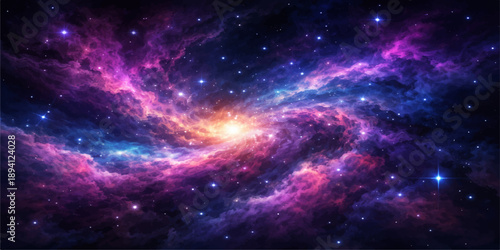 An abstract dark blue nebula galaxy background features a deep space starfield with bright light and cosmic clouds across the night sky universe