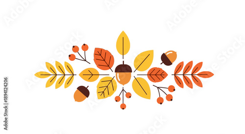 Colorful autumn border design with vibrant leaves, acorns, and berries arranged horizontally on an isolated white background.