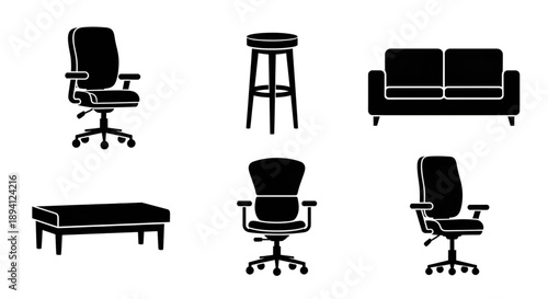Comprehensive collection of various black silhouette office chairs and a modern sofa.