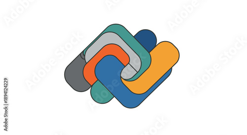 Abstract interconnected colorful layered shapes forming a dynamic synergy concept on an isolated white background.