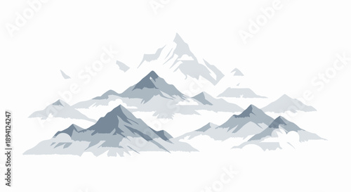 Majestic mountain range landscape with stylized peaks and misty atmosphere on an isolated white background.