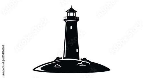 A striking black silhouette of a lighthouse perched on a rocky island evoking coastal navigation and maritime themes silhouette high quality