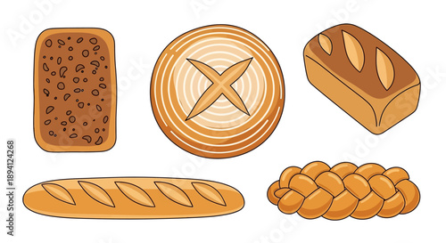 Set of Various Fresh Baked Bread Types, Delicious Bakery Goods Collection on Isolated White Background