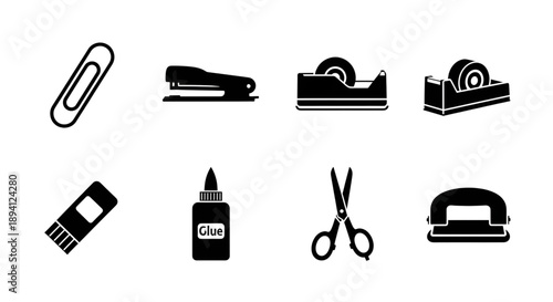 Comprehensive set of eight black silhouette icons representing common office supplies.