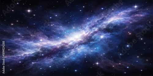 A deep space background featuring a vibrant nebula and bright stars creates an abstract dark blue galaxy illustration within the vast starry night of the outer universe cosmos