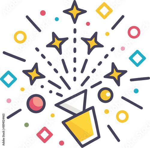 Colorful Party Popper Burst with Stars and Confetti for Celebration Success Concept Vector Illustration