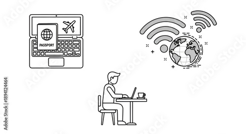 Clear illustration of digital nomad lifestyle with laptop, travel, global connectivity, and remote work.