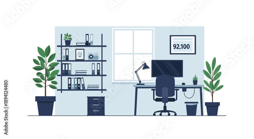 Modern home office workspace with a desk, computer, ergonomic chair, shelves, and potted plants in a bright studio.