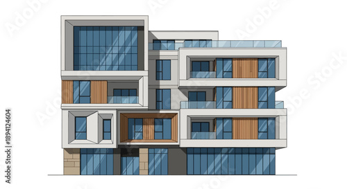 Modern multi-story apartment building with balconies and large windows, contemporary architectural design on an isolated white background.