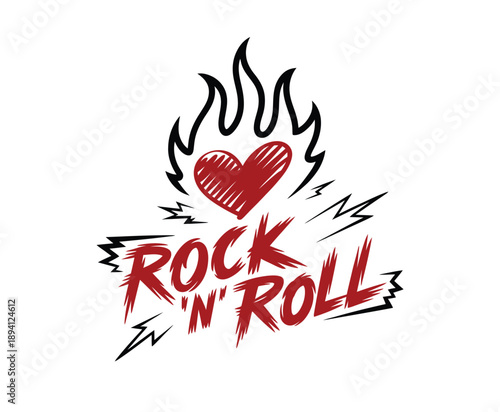 A stylized heart engulfed in flames with the text rock n roll
