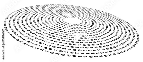 Binary digits arranged in a circle on white background. Abstract data-inspired pattern with depth, motion, distortion, and perspective. Ideal for tech, branding, UI, infographic, or minimalist design.