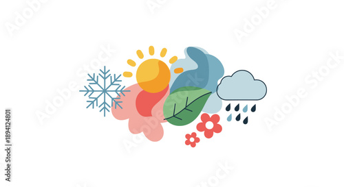 Various weather conditions icons including sun, snowflake, and rain cloud, nature concept.