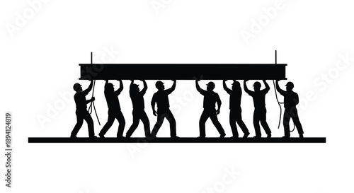 A group of figures support a rectangular shape above their heads in a stark black silhouette high quality professional detailed modern