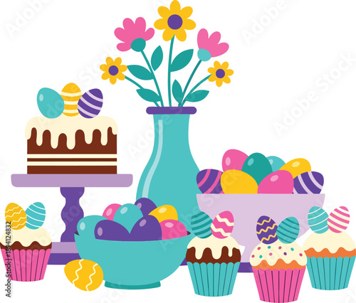 Easter dessert table with cake, cupcakes and decorated eggs flat vector