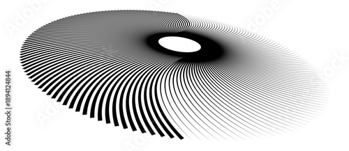 Black radial lines with elliptical void on white background. Abstract vortex pattern with depth, motion, distortion, and perspective. Ideal for branding, tech, UI, infographic, minimalist design.