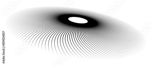 Black radial lines as spiral on white background. Abstract vortex pattern with depth, motion, distortion, and perspective. Ideal for branding, tech, UI, infographic, or minimalist design.