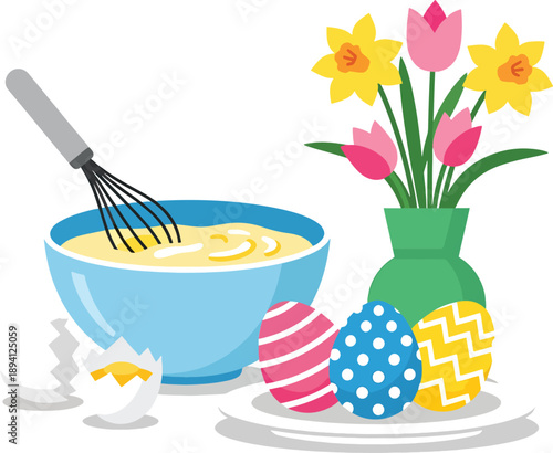 Easter baking scene with mixing bowl, whisk and decorated eggs flat vector