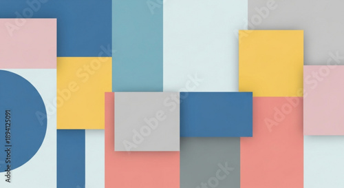 Colorful geometric shapes in blue yellow pink and gray hues