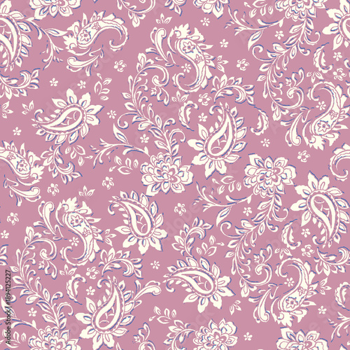 pink background paisley, swirl and floral mix motif seamless print pattern