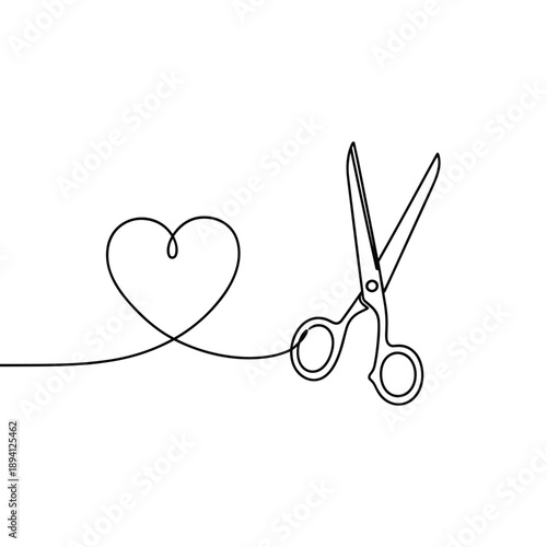 Scissors cutting thread shaped like a heart in minimalist style  