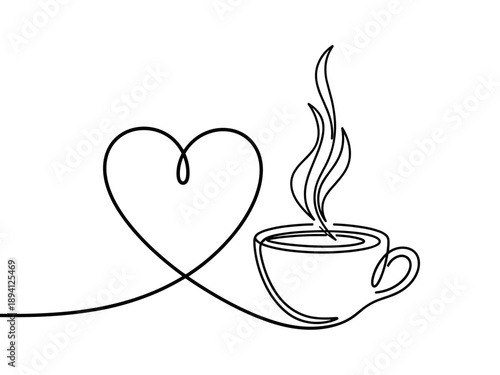 Continuous line drawing of heart and coffee cup with steam  