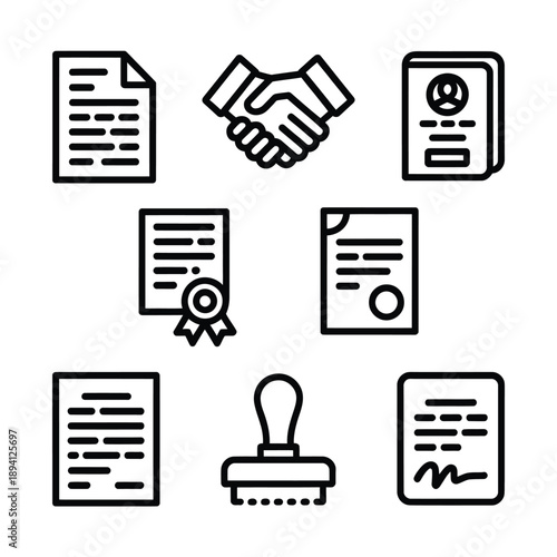 Legal documents handshakes and seals icon set representing agreements and validation