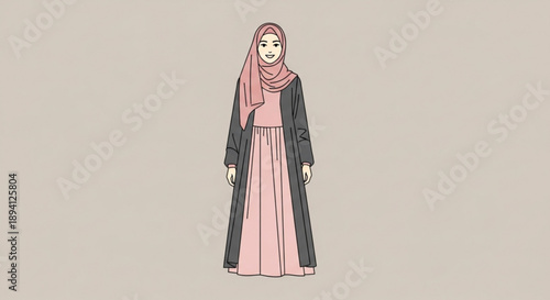 Woman wearing pink hijab and abaya standing alone
