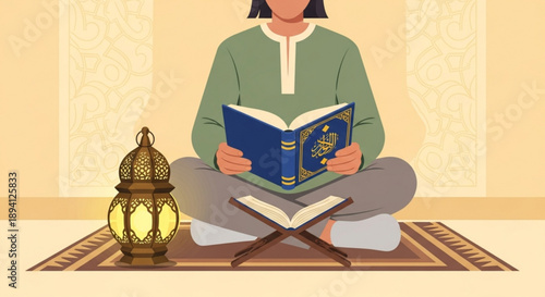 Man reading holy book sitting on rug with lantern nearby indoors