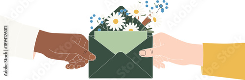 Hand giving floral envelope, diverse skin tones, gesture of kindness, daisies and blue flowers, symbolic gift, emotional connection, celebration, appreciation, friendship, love
