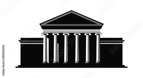 A striking black and white illustration depicts a classical building facade with prominent columns rendered as a silhouette high quality professional