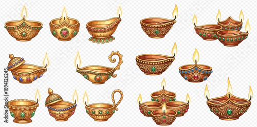 Set of traditional Indian Diwali oil lamps, decorative golden diya with burning flames for Hindu festival celebration.