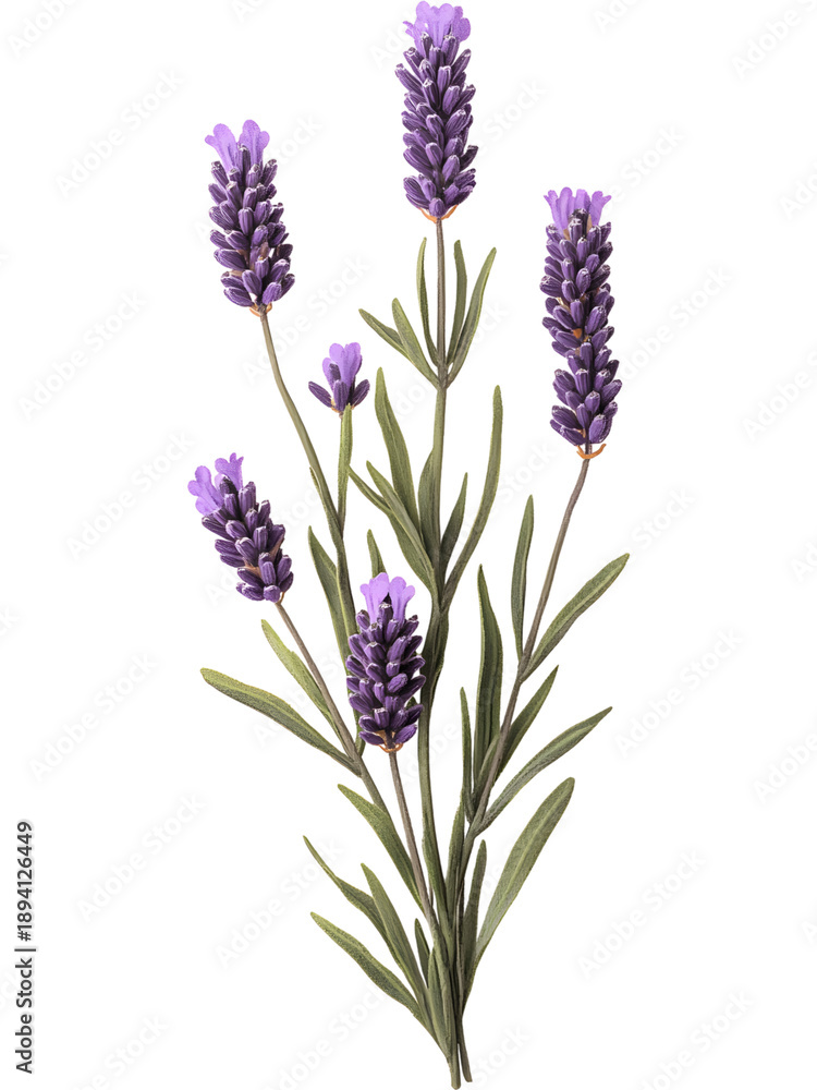 Fototapeta premium Lavender branch with multiple purple flower spikes and green foliage, natural botanical element isolated on transparent background.