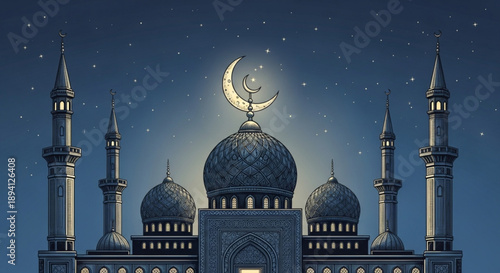 Mosque at night with crescent moon and stars in dark blue sky