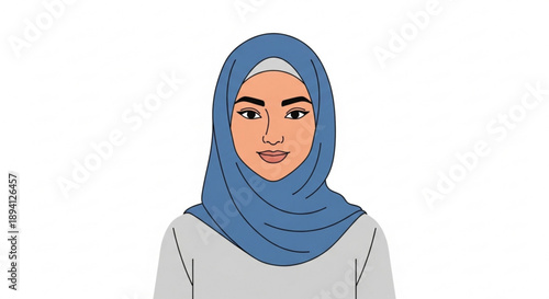 Smiling woman wearing blue hijab and gray shirt portrait