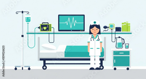 Nurse standing beside hospital bed with medical equipment and monitor