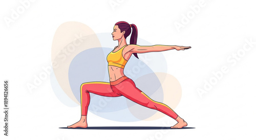Young woman in warrior yoga pose vibrant sportswear vector illustration serene background