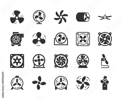 Ventilation and air circulation systems, monochrome icons set. Fan equipment, exhaust ventilation, airflow control, cooling device, ventilation, climate regulation. Black and white symbols style.