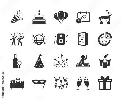 Celebration and party events, monochrome icons set. Holiday activity, festive decoration, birthday party, entertainment, food and drink, joyful occasion. Black and white symbols style.
