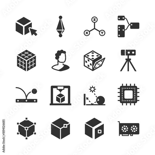 3D modeling and digital visualization, monochrome icons set. Three dimensional design tools, geometry editing, rendering process, animation, technical graphics. Black and white symbols style.
