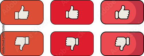 Set of like and dislike button icons featuring thumbs up and thumbs down hand gestures on red social media backgrounds