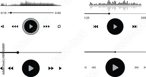 Set of Minimalist Audio Player User Interface Elements Featuring Sound Waveforms, Play Buttons, Progress Bars, and Navigation Icons for Media Apps