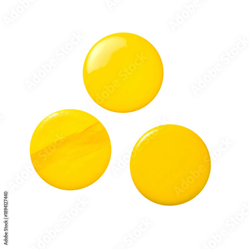 Three yellow circles on black. One circle shows brush strokes. Each has a thin yellow outline