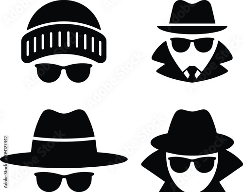 Set of black spy icons featuring secret agent silhouettes wearing hats and sunglasses for private browsing mode and web security