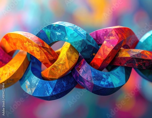 A close-up of brightly colored, faceted chain links interlocking against a soft, abstract background.